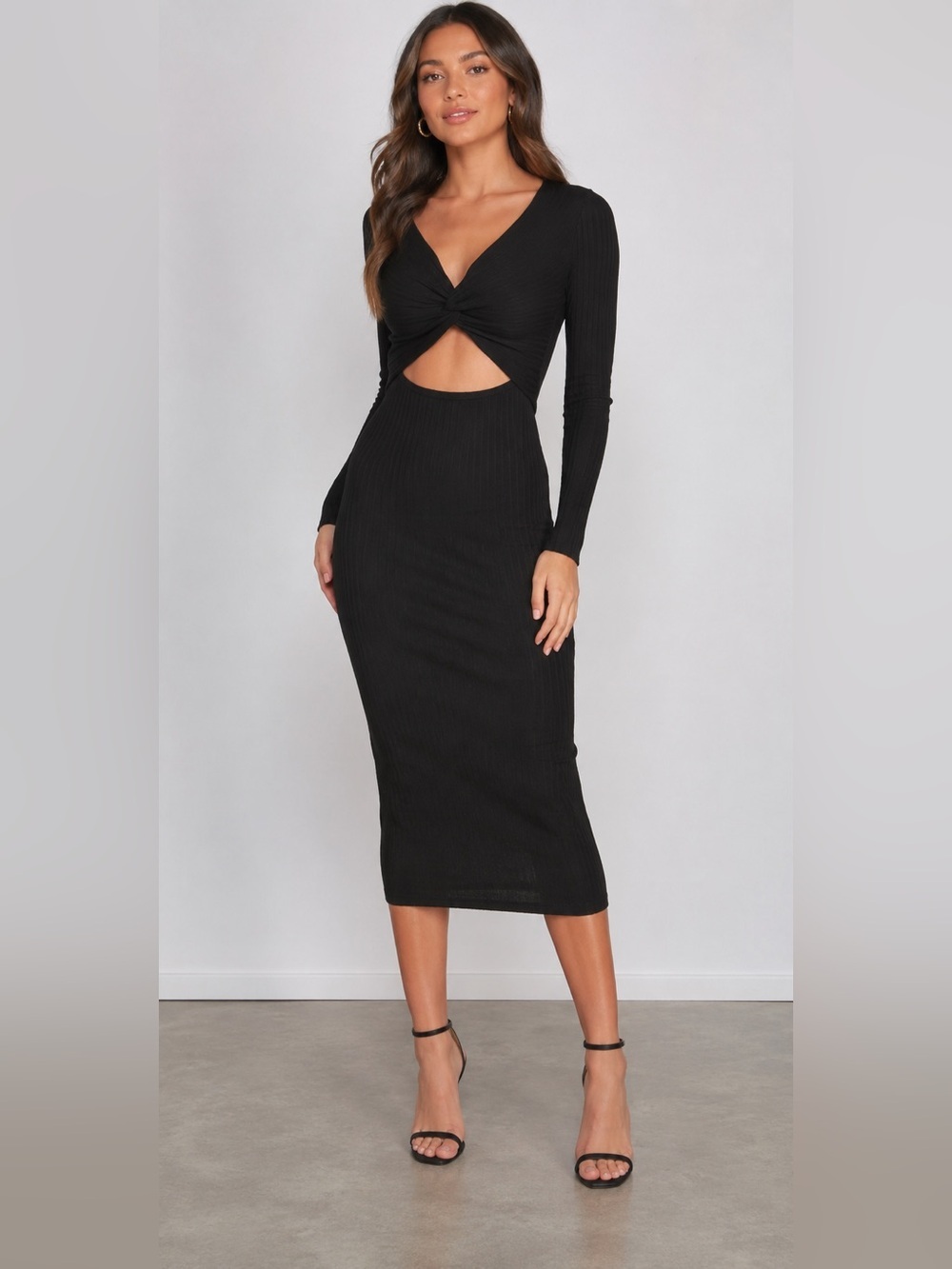 Elegant Black Knot Front Midi Sweater Dress Size Small NWT